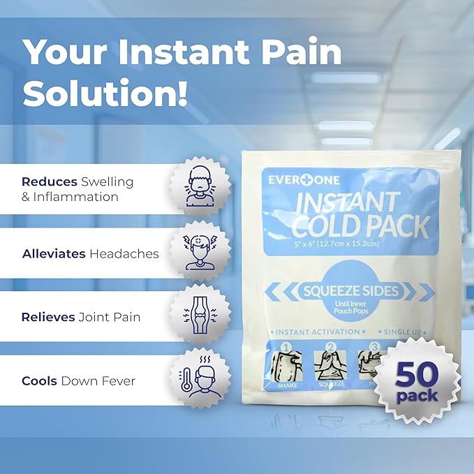 Instant Cold Pack | Disposable Ice Packs – Cold Therapy for Injuries, Swelling, Inflammation, Muscle Strains – Ideal for First Aid Kits – 5x6 Inches, 50 Count