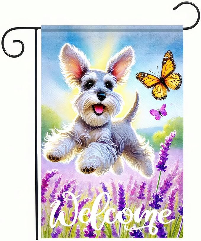 BlissYard Spring Garden Flag Welcome Garden Flag Spring Summer Dog Flags 12x18 Inch Double Sided Schnauzer Puppy Lavender Florals Butterfly Outdoor Yard Lawn Porch Decor Banner