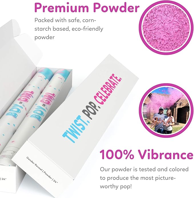 24” X-large Gender Reveal Powder Smoke Bombs Cannon Poppers | 2 Pink Poppers | Biodegradable | Gender Reveal Smoke Bombs Extinguisher Alternative | Gender Reveal Party Decorations | TUR Party Supplies