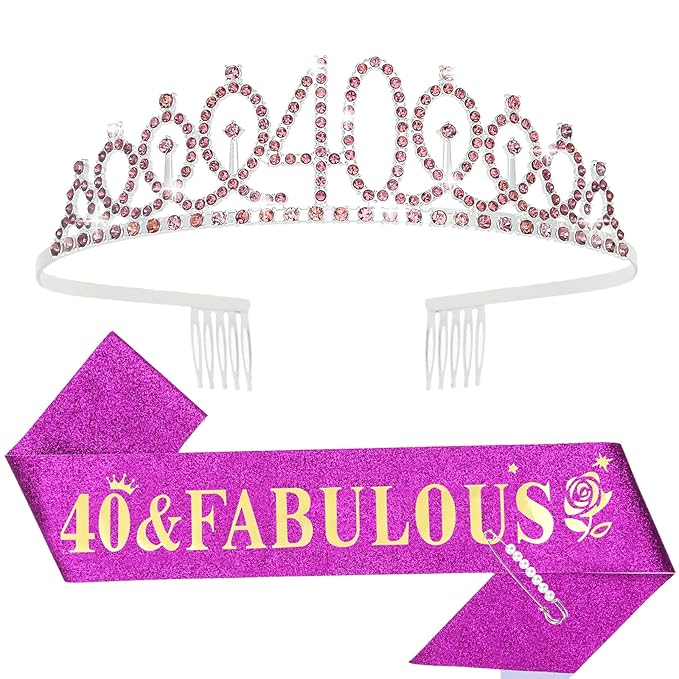 Casoty 40th Birthday Sash and Tiara, 40th Birthday Decorations for Women, 40 & Fabulous Sash and Crown Set, Party Supplies for Women, Gifts for Her