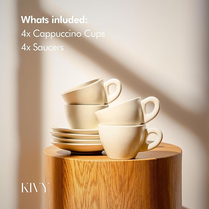 KIVY Cappuccino cups set [4x 8oz] - Thick-walled stoneware cappuccino cup set for latte art - Cappuccino coffee cups - Tazas de cafe - Latte cups - Ceramic latte art cup and saucer set of 4