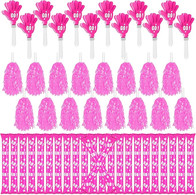 Hungdao 60 Pcs Noise Makers Homecoming Football Favors Include 24 Thunder Sticks Cheer Sticks 12 Hand Clapper 24 Cheerleading Pom Poms for Sporting Events Pep Rally Supplies(Pink)