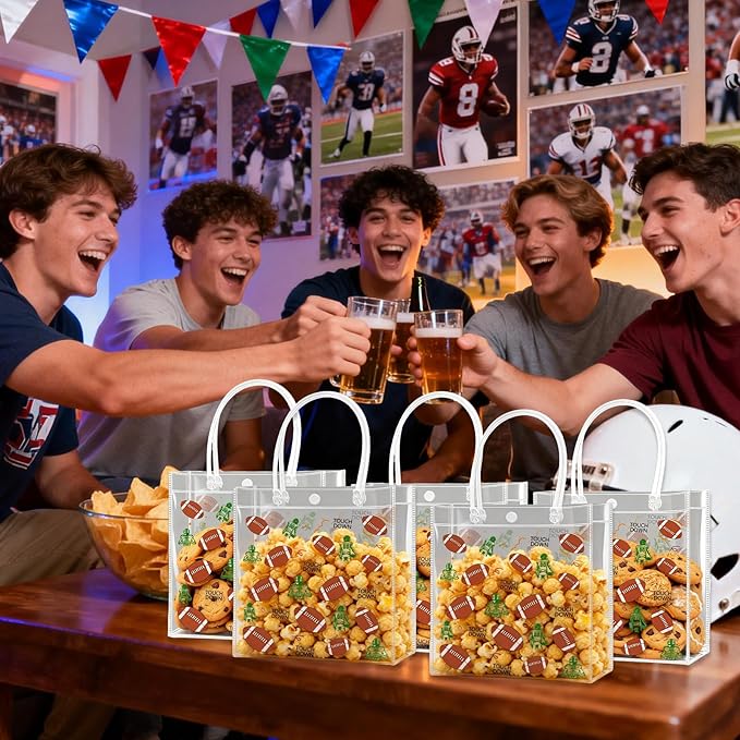 Zenoble 24 PCS Football Goodie Bags Double-Sided PVC Clear Bag Snack Candy Treat Gift Bags with Handle for Super Bowl Party Supplies Football Party Favors Birthday Holiday Decorations