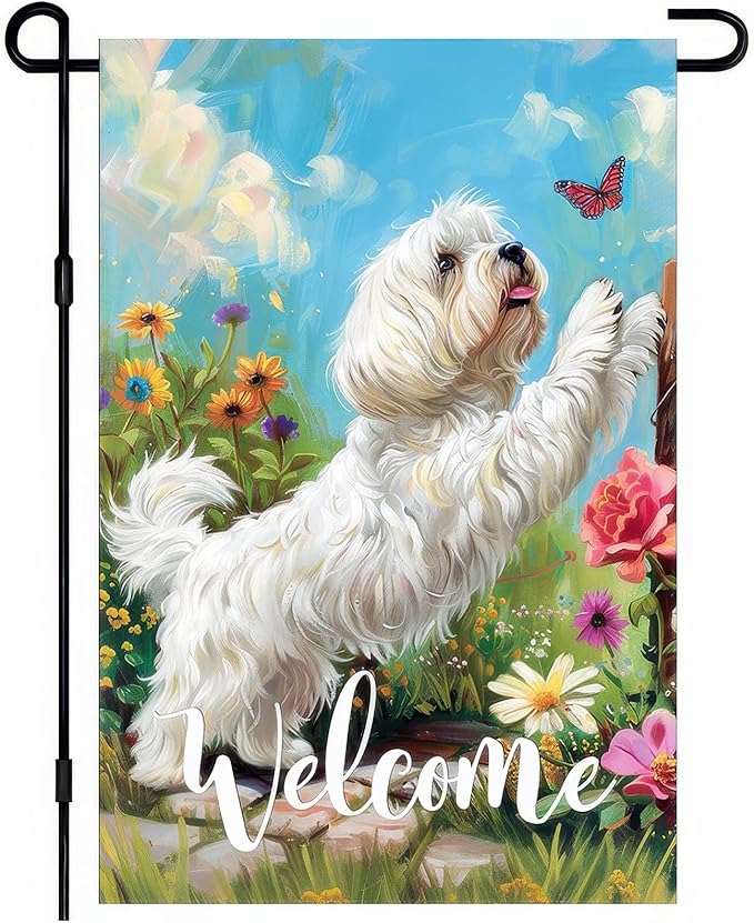 BlissYard Welcome Spring Summer Garden Flag Maltese Dog Flag 12x18 Double Sided Flowers Floral Seasonal Home Decor Banner Farmhouse Outdoor Yard Decoration Flag