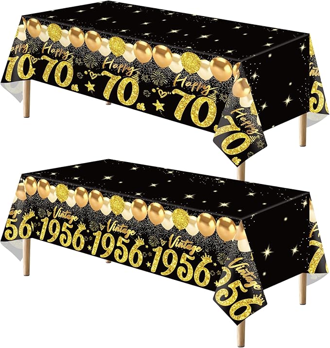 2pcs 70th Birthday Tablecloth, Black Gold 70th Birthday Decorations for Men Women Vintage 1956 Table Cloth Plastic Rectangular 70th Table Cover Happy 70 th Anniversary Party Supplies