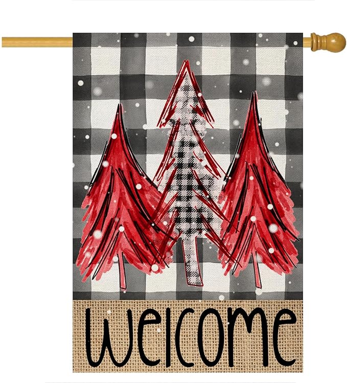 Welcome Christmas Red Trees Garden Flag 28 x 40 Inch Vertical Double Sided Buffalo Plaid Red Holiday Yard Outside Xmas Décor