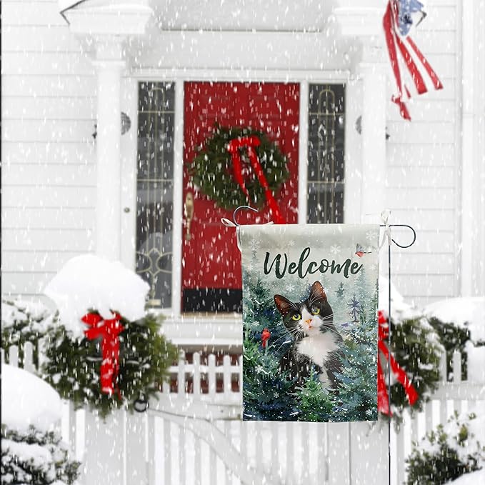 DZGlobal Welcome Winter Garden Flags Cat Garden Flag Cardinal Birds on Snowy Pine Tree Flag Tuxedo Cat Yard Flags for Outside 12x18 Double Sided Christmas Decorative Lawn Flags
