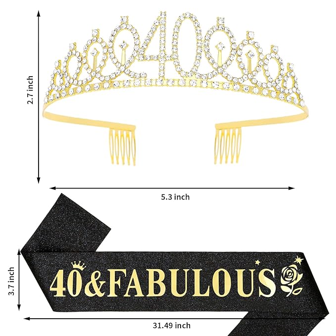 Casoty 40th Birthday Sash and Tiara, 40th Birthday Decorations for Women, 40 & Fabulous Sash and Crown Set, Gifts for Her, Birthday Party Supplies for Women