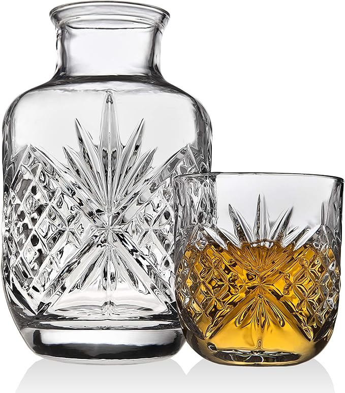 Crystal Bedside Night Carafe Pitcher and Water Glass Tumbler Set, Bedroom Nightstand Water Pitcher and Cup Set (Pack of 2)
