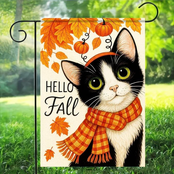 BlissYard Thanksgiving Fall Garden Flag 12x18 Inch Hello Fall Black Cat Flag Double Sided Outdoor Autumn Yard Banner with Pumpkins and Leaves for Porch Lawn Patio Seasonal Decor