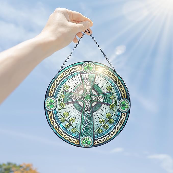 FLAGWIX Irish Gifts for Women Men - 100% Stained Glass Hanging Suncatcher 8 in - Birthday Irish Decorations for Family Friends, Celtic Cross Home Decor, St Patricks Day Decorations