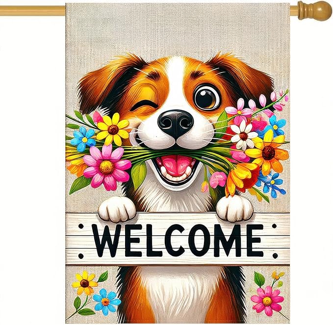 BlissYard Welcome Spring Summer Garden Flag 12x18 Inch Double Sided Welcome Happy Cute Puppy Dog Outdoor Garden Flag Flower House Seasonal Yard Outside House Decoration