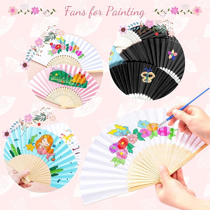 50 Piece Paper Fans - Bamboo Folding Hand Fans for Wedding Party and Home Decoration (Blue)