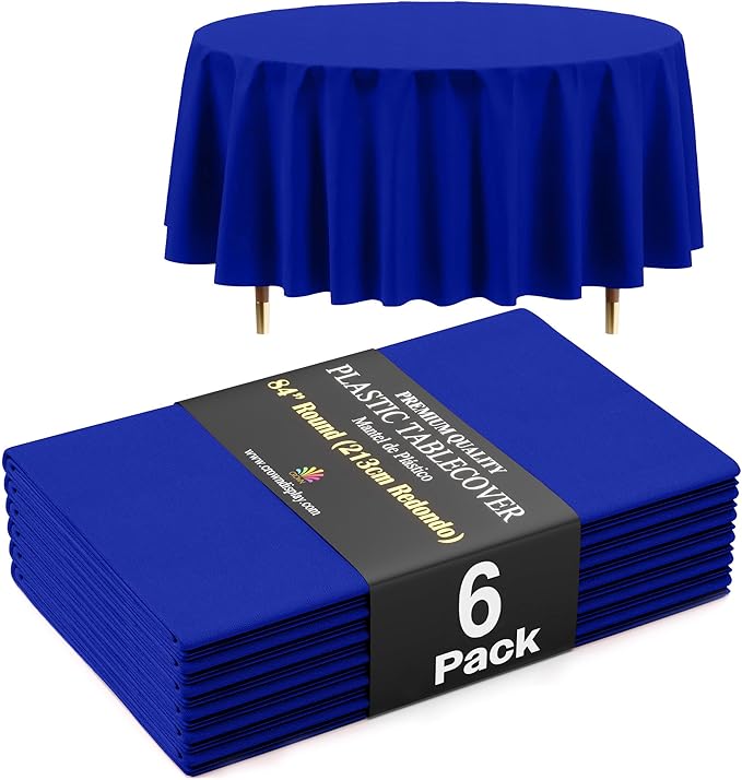 Exquisite 66% Thicker Premium Dark Blue Round Tablecloth 0.5 Mil 6 Pack Plastic Table Cloth Disposable 84 Inch Round Plastic Tablecloth Won't Tear Easily Like Cheap Thin Brands