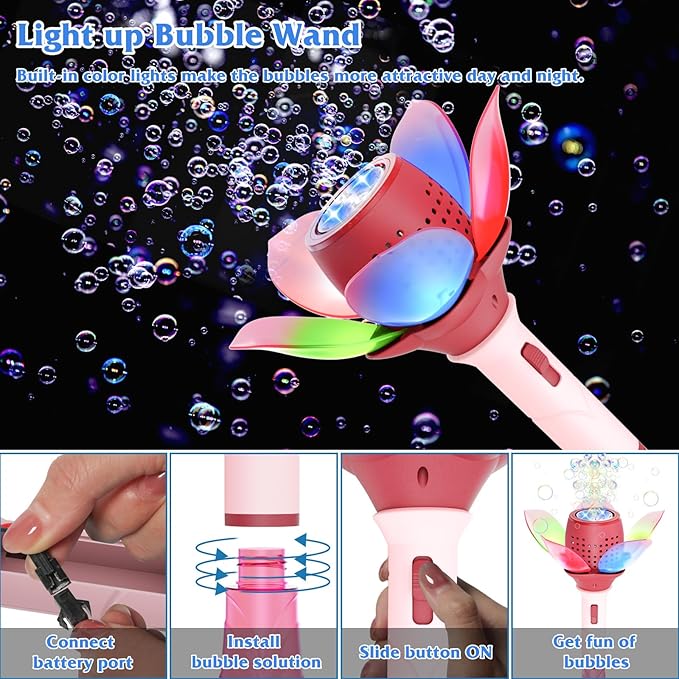 Panamalar Electric Bubble Wand for Kids, Light Up Automatic Bubble Machine Blower with Lights/10000+ Bubbles/120ml Solution, Rechargeable Flower Bubble Wand Maker Toys for Outdoor Party Wedding