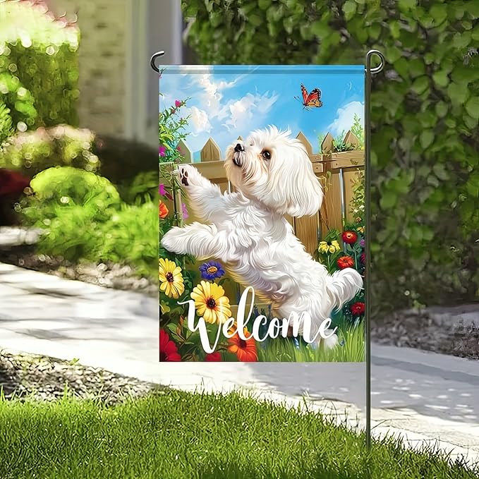 HOMETITUTE Welcome Spring Summer Flowers Maltese Dog Garden Flag Lovely Floral Seasonal Home Decor Banner 12x18 Double Sided Funny Dog Garden Flag Farmhouse Outdoor Yard Decoration Flag