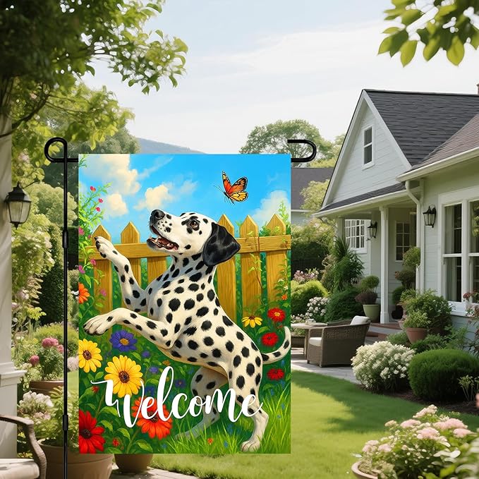 IVN Spring Summer Welcome Garden Flag 12x18 Inch Double Sided Dalmatian with Butterfly and Flowers Outdoor Yard Flag for Outside Home Front Door Lawn Porch Patio Welcome Decor