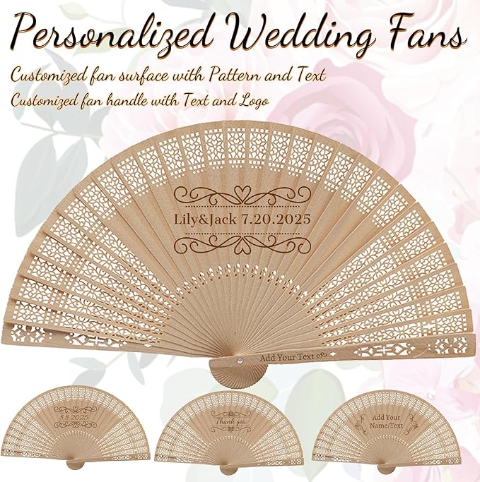 Personalized Wedding Fans for Guests Custom Wooden Folding Handheld Fans Bulk with Organza Bags Tassels for Wedding Graduation Party (50)
