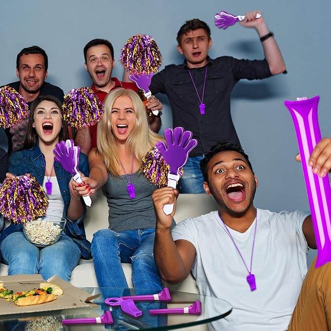 Yunsailing 96 Pcs Homecoming Noisemakers Team Spirit Accessories for Game Day Include Hand Clappers Cheerleading Pom Pom Thunder Stick Cheer Party Blower Plastic Whistle for Sport Fans(Purple)