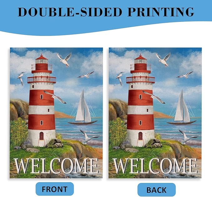 Covido Home Decorative Welcome Summer Lighthouse House Flag, Spring Coastal Seagull Birds Garden Yard Beach Nautical Sailboat Outside Decoration, Ocean Outdoor Large Burlap Decor Double Sided 28 x 40