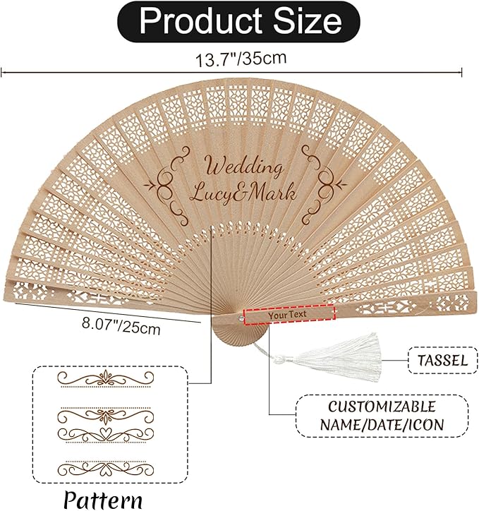 Personalized Wedding Fans for Guests Custom Wooden Folding Handheld Fans Bulk with Organza Bags Tassels for Wedding Graduation Party (100)