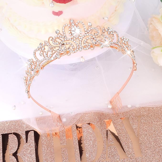 Semato Birthday Crown and Sash Kit Birthday Decorations for Women Tiara Princess Party Supplies and Favors (Girl)