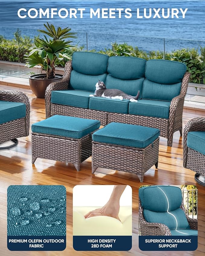 Luxury 24x24x6 Inch Smile Outdoor Cushions for Patio 5 Piece Set - Set of 5 Zippered Outside Pillows for Wicker Dining Rocking Gliders Loveseat Couch Sectional Sofa - Peacock Blue