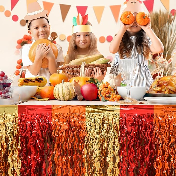 Mega-L Fall Party Decorations, 2 Pack Red Orange Gold Wavy Metallic Tinsel Foil Fringe Table Skirts for Rectangle and Round Table, Thanksgiving Decor for Friendsgiving Fall Harvest Autumn Party