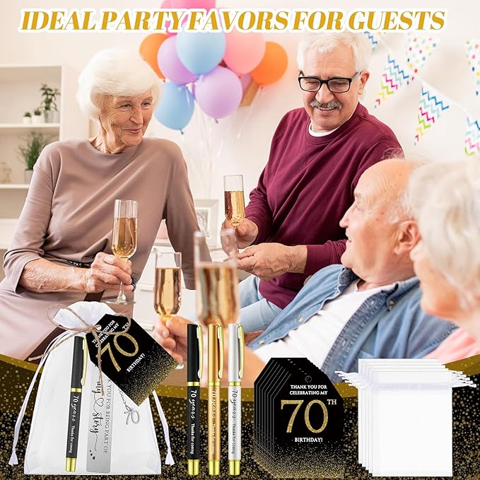 25 Sets Birthday Favors for Guests 25 Thanks for Coming Ballpoint Pens 25 Bookmarks 25 Cards with Organza Bag for Adult Birthday Anniversary Party Souvenir(Metal-70th)