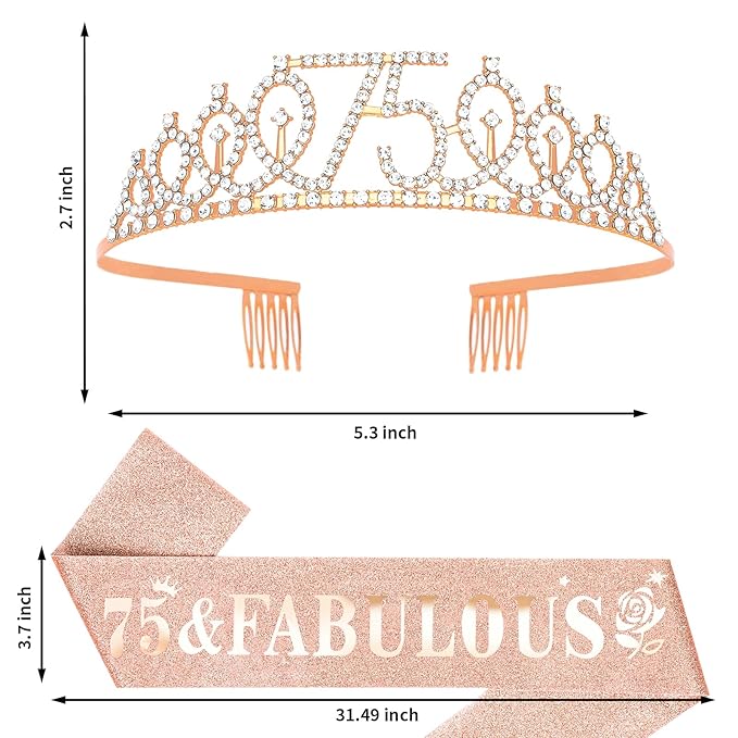 Casoty Rose Gold 75th Birthday Sash and Tiara, 75th Birthday Party Decorations for Women 75 & Fabulous Sash and Crown Set, Party Supplies Favors for Women Gifts for Her