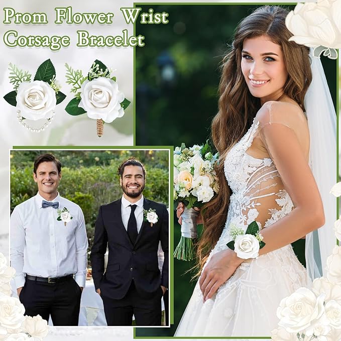 20 Pcs White Rose Corsage and Boutonniere Set, Boutonniere for Men and Wristlet Band,Prom Flower Wrist Corsage Bracelet for Wedding Ceremony Accessories Prom Suit Decorations