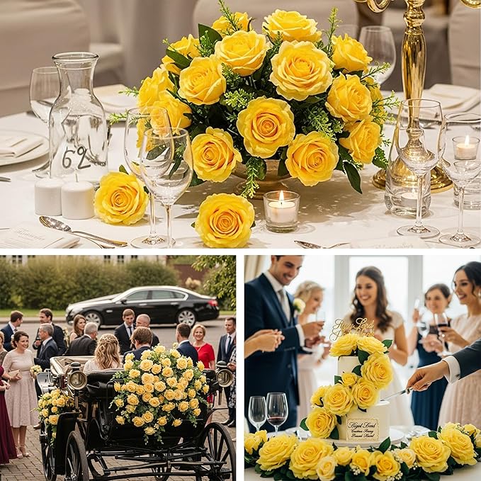 Auihiay 60PCS Yellow Roses Bulk, Yellow Velvet Silk Fake Roses, Realistic Flowers for Wedding Centerpieces, Bridal Bouquets, Home Decor, Baby Shower, Valentine's Day Party Decorations