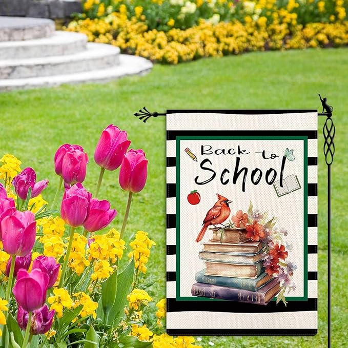 Jauageon Back to School Garden Flag Cardinal Books Garden Flag First Day of School Vertical Double Sided Rustic Farmland Burlap Yard Lawn Outdoor Decor 12.5x18"