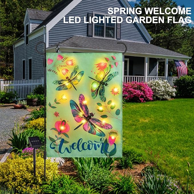 Spring Garden Flag 12×18 Double Sided, 8 Modes Lighted Dragonfly Flag, Welcome Garden Flag for Outside, LED Small Flag for Yard and Garden Decor in Spring