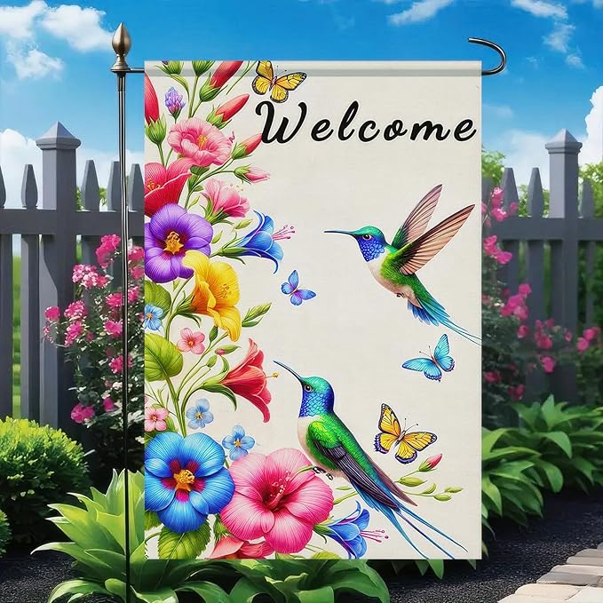 BlissYard Hummingbird Floral Welcome Garden Flag 12x18 Inch Double Sided Spring Summer Hummingbird Yard Flag Yard Outdoor Flag Small Outside Decoration