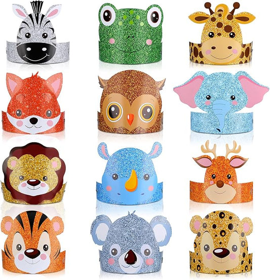 24 Pcs Animal Birthday Party Hats Animal Headbands Jungle Safari Animal Paper Party Crown for Girls Kids (Jungle Animal)