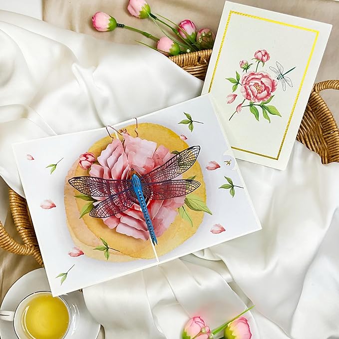 Pop Up Birthday Cards, Dragonfly and Peony 3D Birthday Card for Women, Happy Mother’s Day, Valentines Day Card for Mom, Wife, Sister, Grandma, Daughter or Girlfriend
