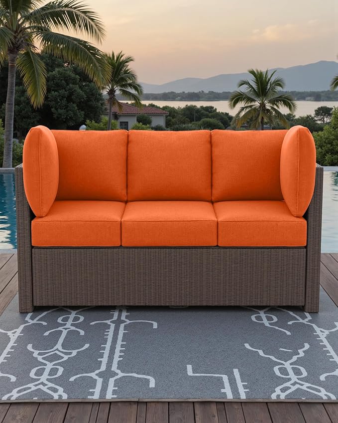 Luxury 24x24x6 Outdoor Couch Cushions Set of 3 - Water-Repellent 8-Piece Cushion Set for Outside Rattan Wicker 3-Seat Sofa Loveseat Chair Sectional Patio Conversation Sets - Orange/Classic