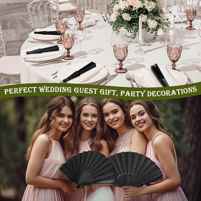 Wenqik 80 Pcs Wedding Folding Hand Fans Bulk Silk Fabric Chinese Handheld Foldable Clack Fans with Plastic Ribs for Party, Wedding Gifts, Line Dancing, Home Decorative (Black)