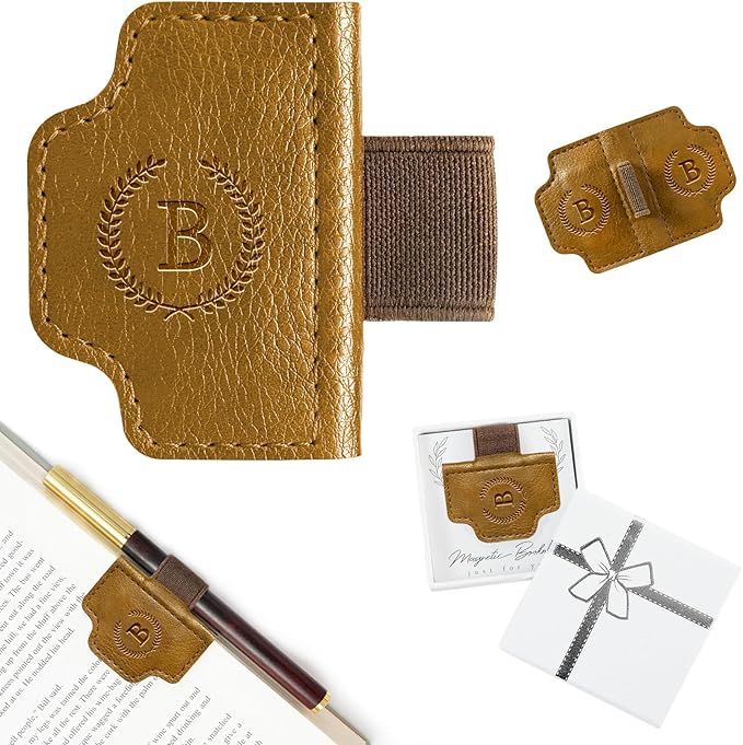 BygoneMark Magnetic Leather Bookmark with Pen Holder, Personalized Custom Initial Page Marker & Pen Clip, Professional Book Accessory for Students (Light Brown-B)