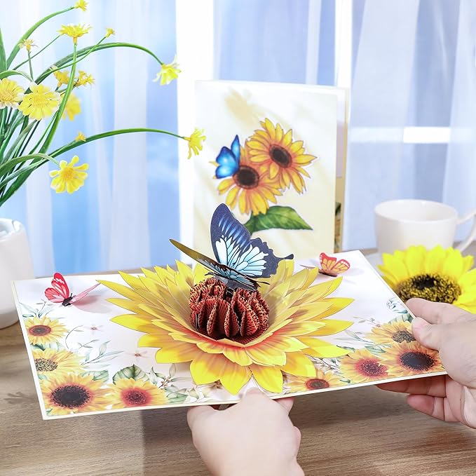 Sunflower & Butterfly Pop Up Mothers Day Card, 3D Popup Birthday Card 6x 8, Ideal Gift for Mother's Day, Anniversary, Valentine's, Thank You, All Occasion for Women, Wife, Mom, Grandma, Her