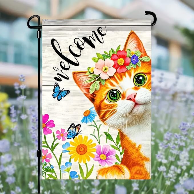 BlissYard Spring Welcome Garden Flag 12x18 Inch Double Sided Cat Flowers Small Flags For Outside Outdoor Decor Farmhouse Holiday Spring Summer Seasonal Decorations Yard Flags