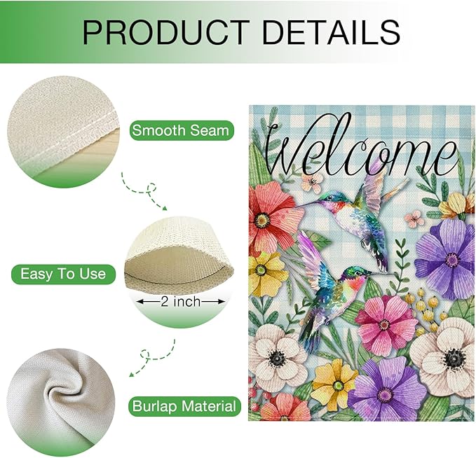 Hzppyz Welcome Spring Garden Flag Hummingbird, Decorative House Yard Lawn Outdoor Small Burlap Bird Flag Flower Decor, Blue Plaid Summer Farmhouse Seasonal Outside Decorations Double Sided 12 x 18