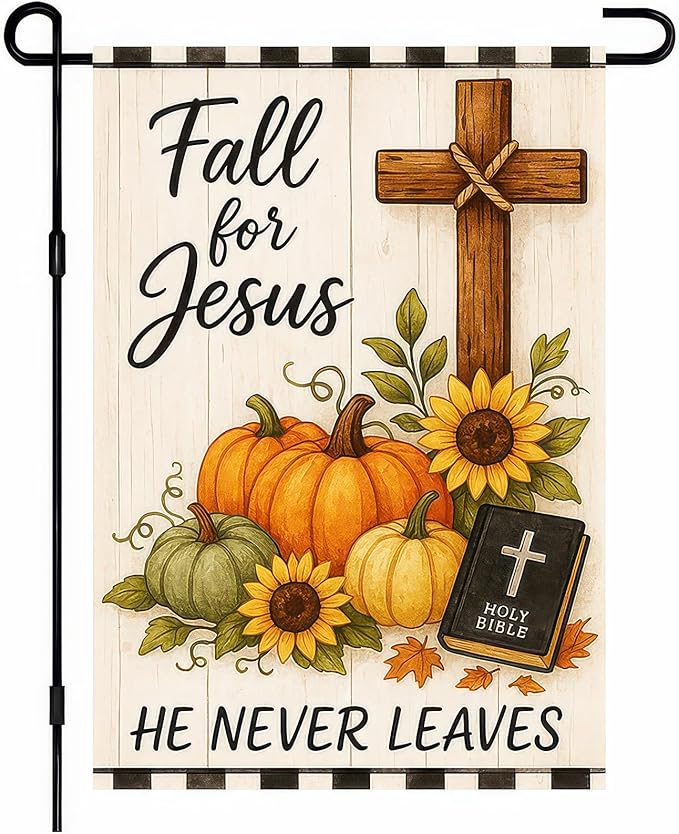 BlissYard Fall for Jesus Garden Flag 12x18 inch Double Sided Christian Autumn Yard Banner with Pumpkins Flags Sunflowers Cross Bible Verse Religious Outdoor Flag for Fall Thanksgiving