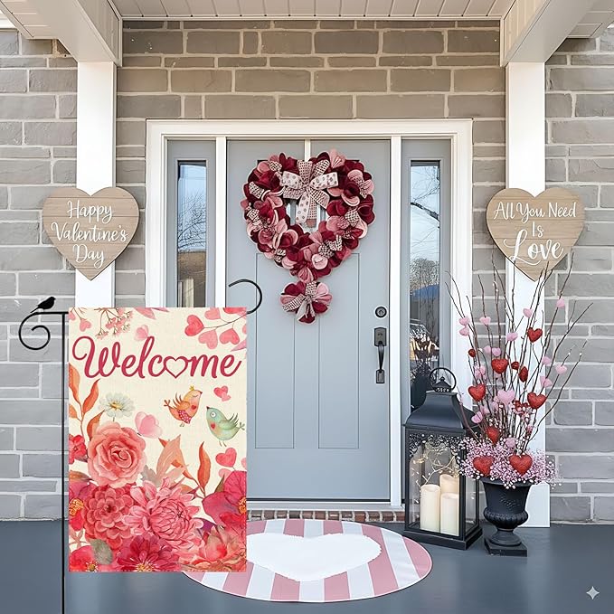 ZAEW Welcome Valentine’s Day Garden Flag Love Birds Yard Flag 12x18 Inch Double Sided Small Mini Yard Outdoor Outside Holiday Decoration