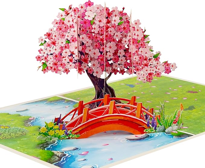 Cherry Blossom Pop Up Birthday Cards for Women, Anniversary Card, Mothers Day Cards, Valentines Day Card, 3D Gift for Her, Him, Husband, Wife, Mum, Dad (PQ Cherry Blossom w Bridge)