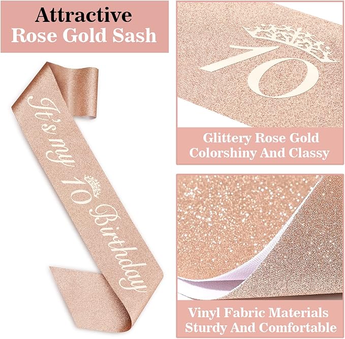 10th Birthday Decorations for Girls, Including Sash, Crown/Tiara, Candles, Cake Topper. 10th Birthday Gifts for Girls, Rose Gold Party Decor Supplies