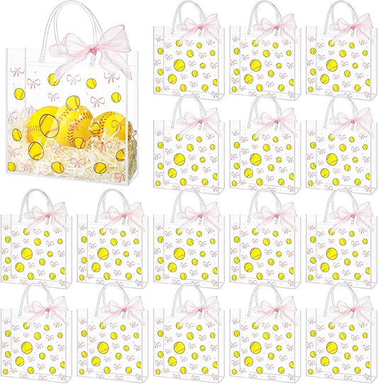 Sweetude 24 Pcs Softball Clear Treat Bags with Handles Bulk Softball Goodie Bags Sport Theme Party Gift Favor with Pink Bow Ribbon for Girl Youth Team Snack Birthday Gifts 7.9 x 7.9 Inch