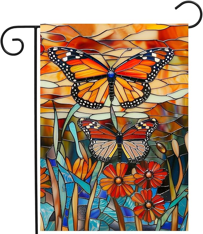 Monarch Butterfly Garden Flags for Outside Fall Flag Stained Glass Floral Yard Flag Spring Summer Decorative Flags 12x18 Double Sided Small Seasonal Lawn Flags Rustic Outdoor Decor