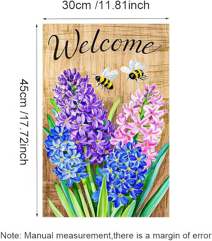 BlissYard Welcome Garden Flag 12x18 Inches Double Sided Small Flags with Hyacinths and Bees Design for Spring Summer Garden Flags Decoration Outside Outdoor Holiday Seasonal Decor Yard Flags